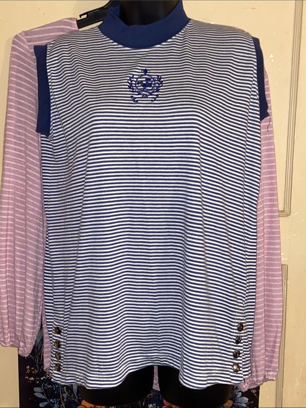 VTG DRAGON STRIPED SLEEVELESS TEE Blue & White CHIC SO COOL Moc Turtleneck
